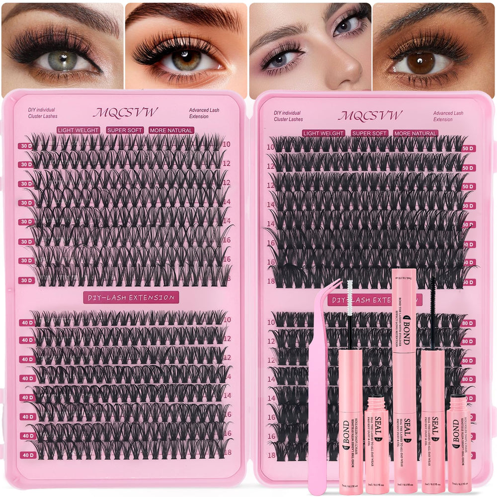 MQCsvw Lash Clusters Kit packaging with 624 clusters for at-home DIY lashes