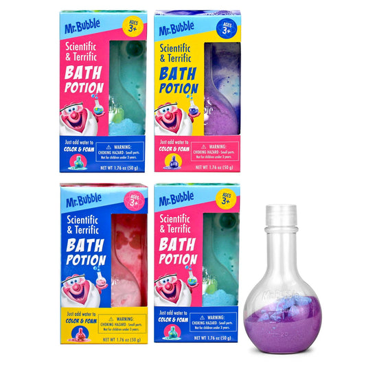Mr. Bubble bath potion bottle shows colorful fizz for engaging bath play