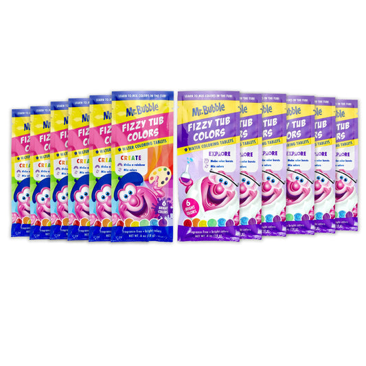 Mr. Bubble Fizzy Tub Colors packaging shows six bright tablets for bath time fun.