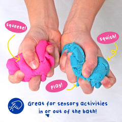 Mr. Bubble Soapy Bath Dough bubbles in bath-time setup hints easy clean-up after play.