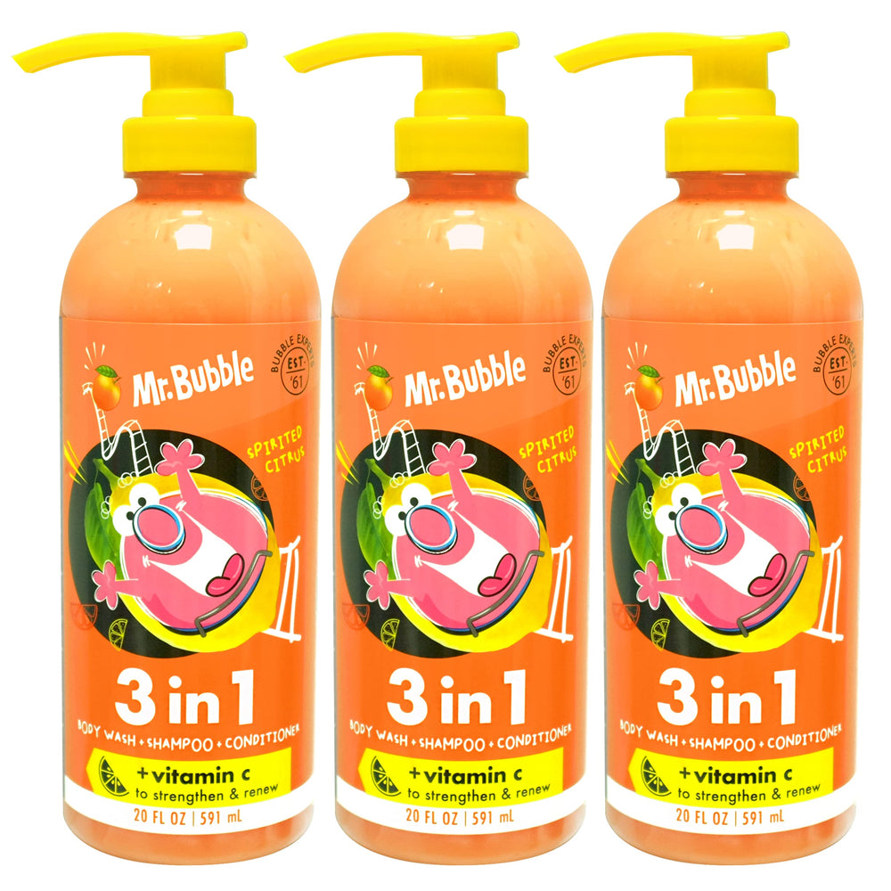 Mr. Bubble Spirited Citrus 3-in-1 bottle front for quick, all-in-one cleansing.