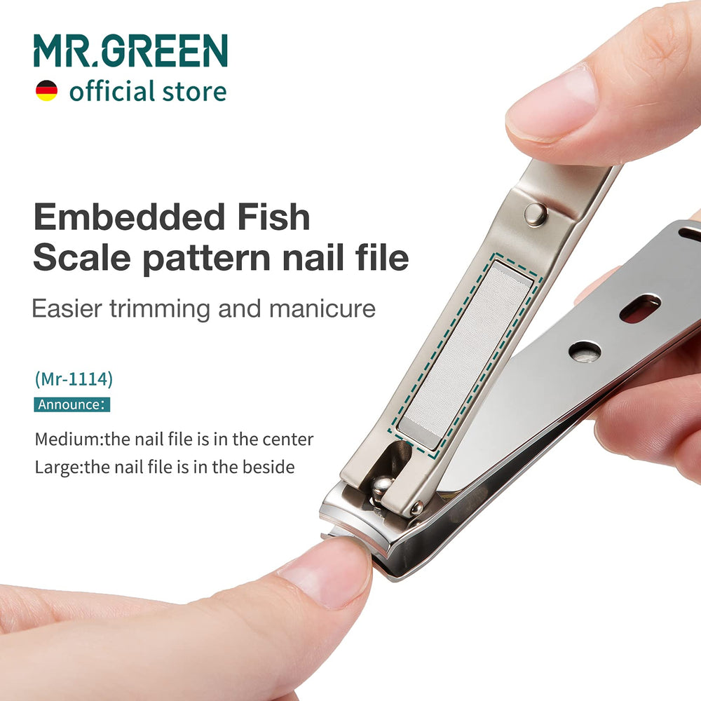 MR.GREEN nail clippers ergonomic tail base in hand for comfortable use.