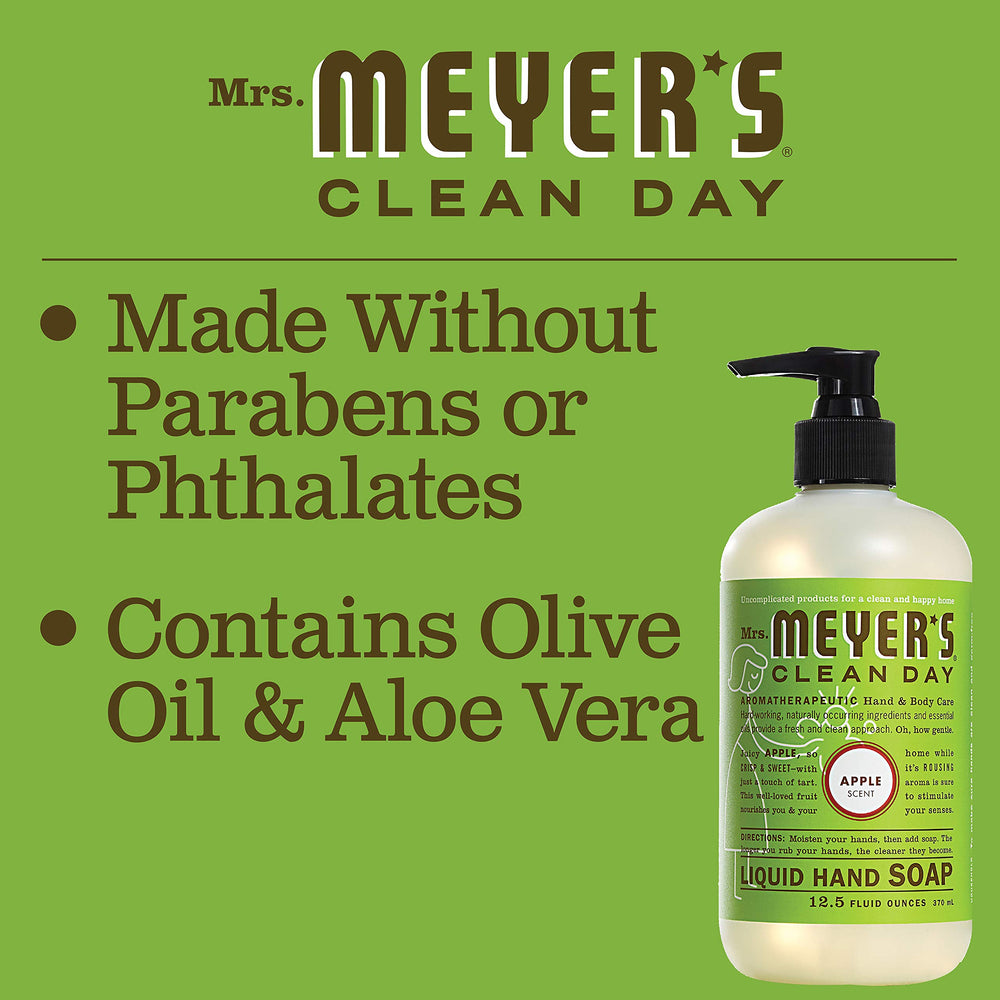 Mrs. Meyer's Apple hand soap label emphasizing cruelty-free, paraben-free formula.