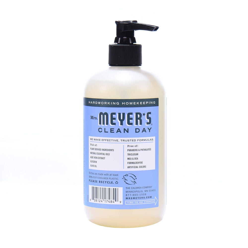 Mrs. Meyer's Bluebell hand soap lather demonstrates rich foam and gentle cleansing.