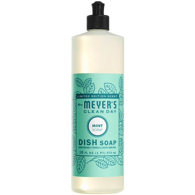 Mrs. Meyer's Clean Day dish soap label showing Leaping Bunny certification and parabens free formula