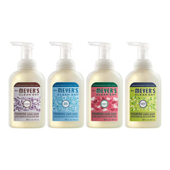 Mrs. Meyer's Clean Day Rain Water foaming hand soap bottle on sink, refreshed hands nearby