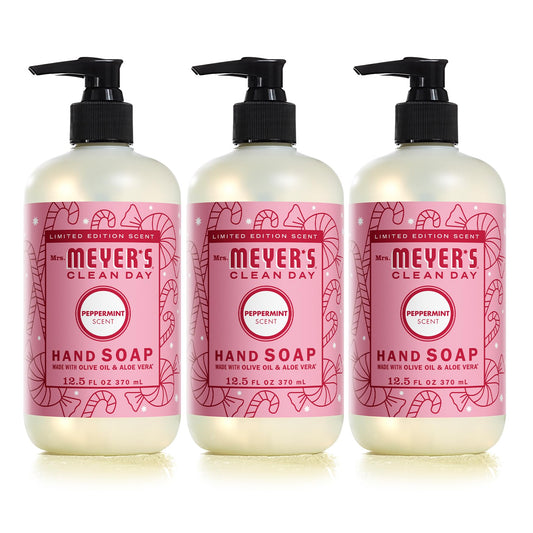 Mrs Meyer's Clean Day peppermint hand soap bottle shows refreshing scent for daily use