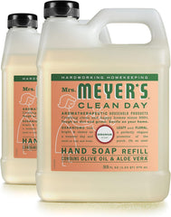 Mrs. Meyer's Clean Day Geranium hand soap refill 33 oz two-pack on a sink for fresh hands.