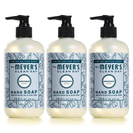 Mrs. Meyer's Clean Day Snowdrop hand soap bottle front with seasonal fragrance