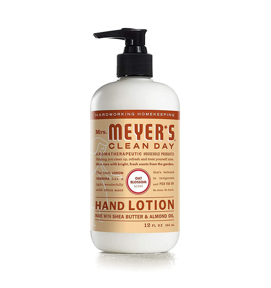 Mrs Meyer's Oat Blossom hand lotion bottle showing daily moisturization benefits.
