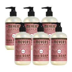 Mrs. Meyer's Rosemary hand soap bottle shows evergreen scent for a refreshing wash.