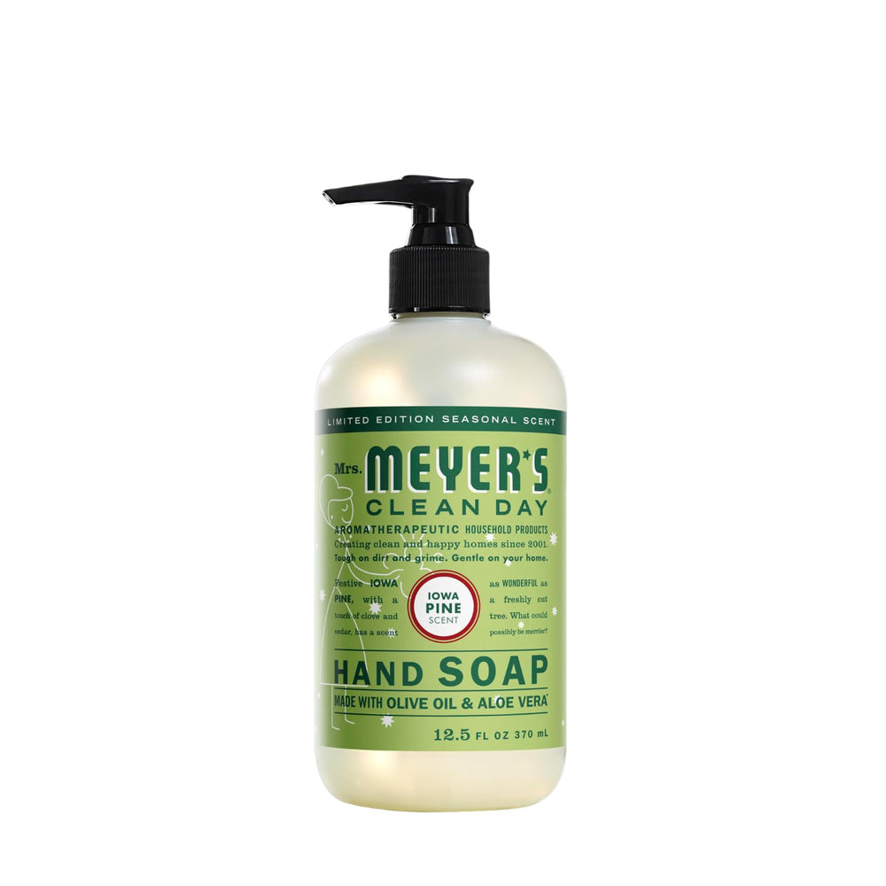 Mrs. Meyer's Snowdrop ingredients panel highlights aloe, olive oil, and natural oils.