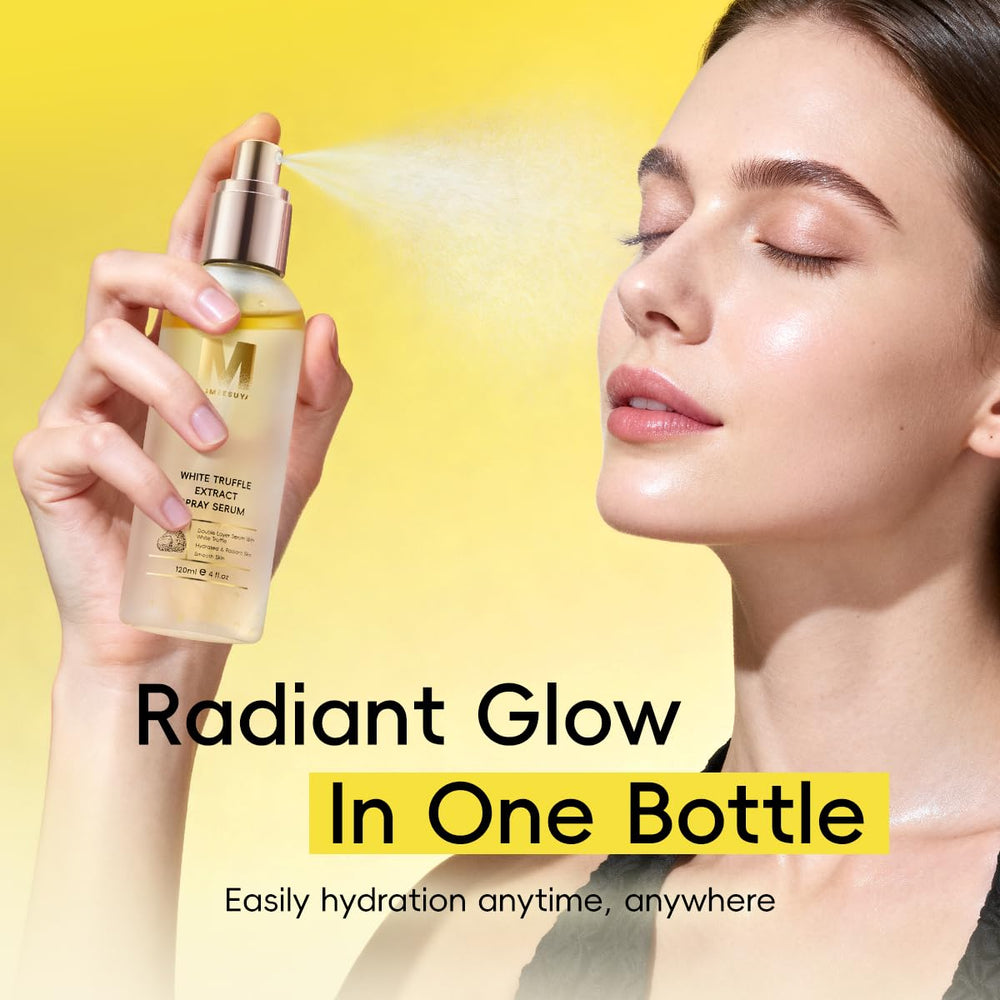 A person applying MSMEESUYA serum mist for even hydration across the skin.