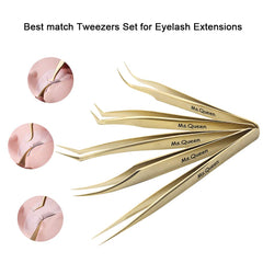 Ms.Queen golden tweezers close-up tip for accurate lash isolation and control.
