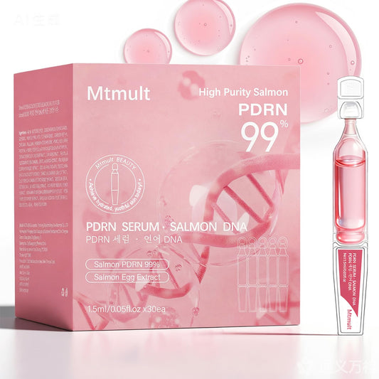 Mtmult Salmon DNA Serum bottle close-up with nourishing PDRN formula.