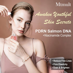 Mtmult Salmon DNA Serum label close-up emphasizes premium formulation for skin repair.