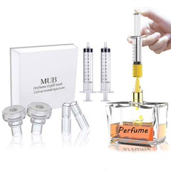 MUB perfume refill kit shows two syringes and adapters for easy transfer.