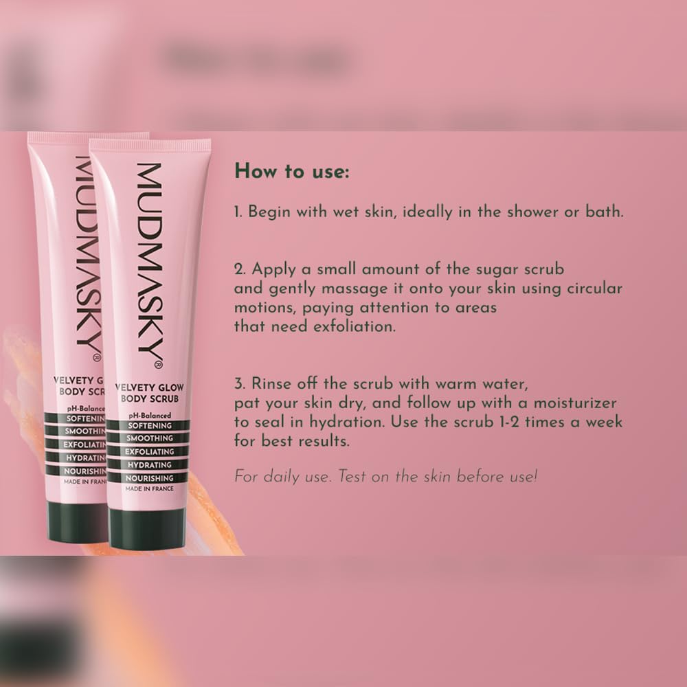 Mudmasky Velvety Glow Body Scrub with glycerin and rose nourishes skin for softness.