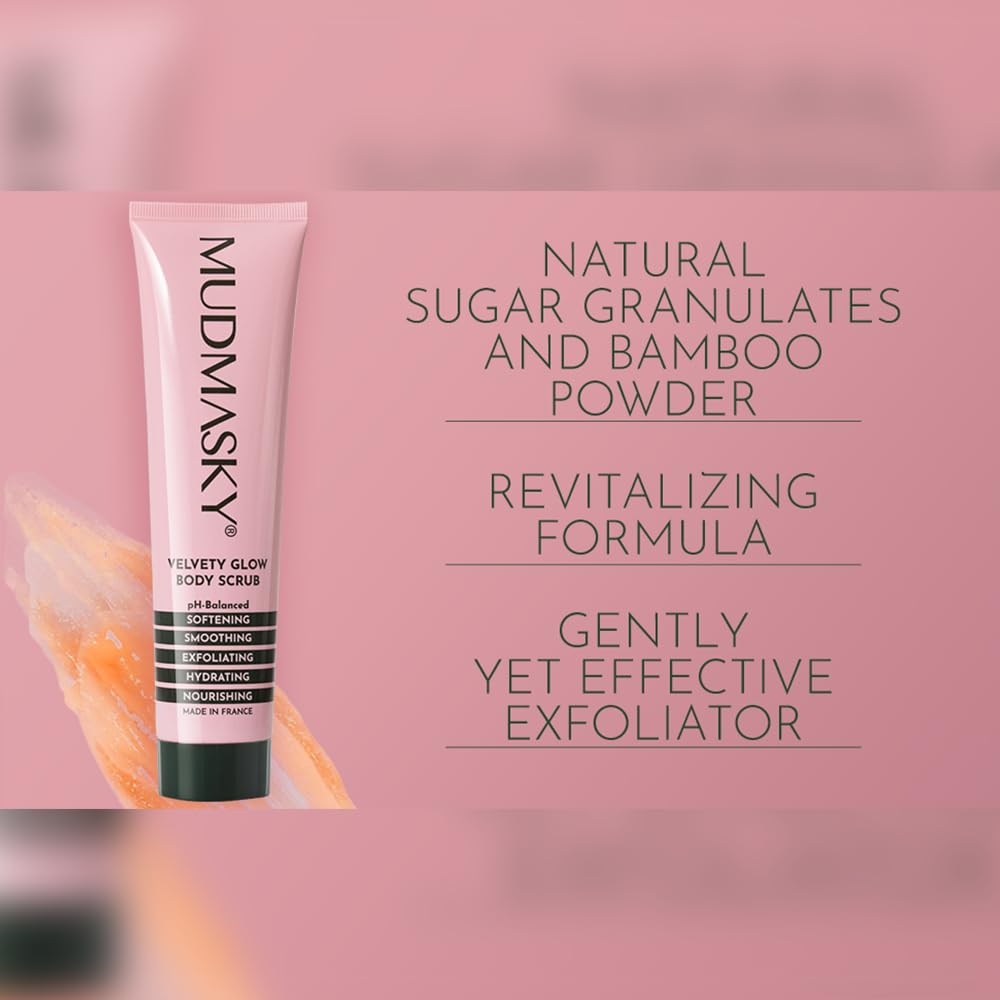 Mudmasky Velvety Glow Body Scrub sugar granules gently removing dull skin.