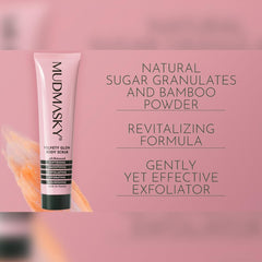 Mudmasky Velvety Glow Body Scrub sugar granules gently removing dull skin.