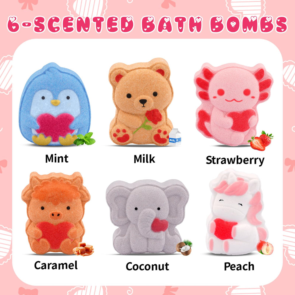 MUFEIRUO Valentines Bath Bombs six-piece box with adorable animal shapes for a gift-ready bath