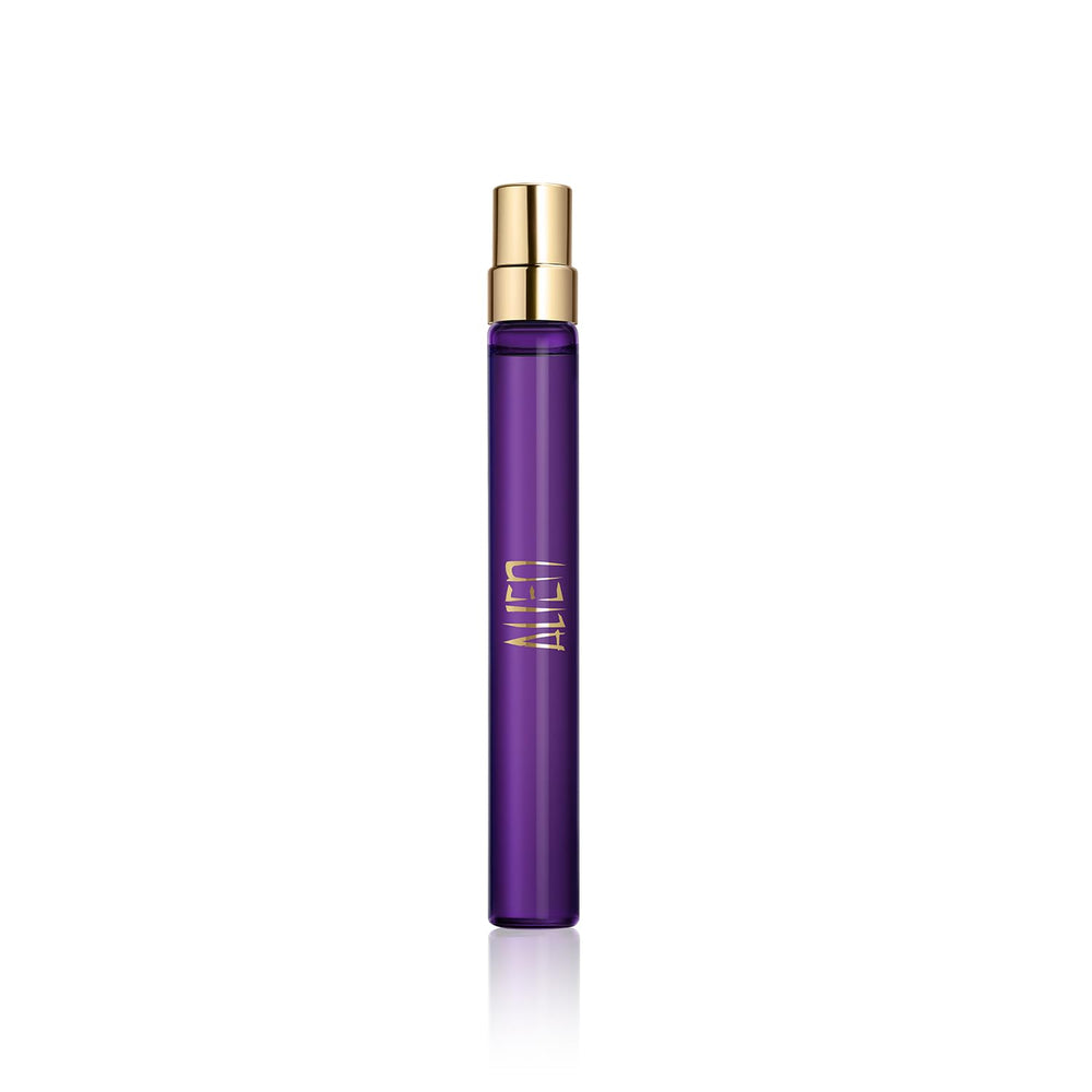 Mugler Alien bottle pour highlights sleek design for quick on-the-go fragrance refresh.