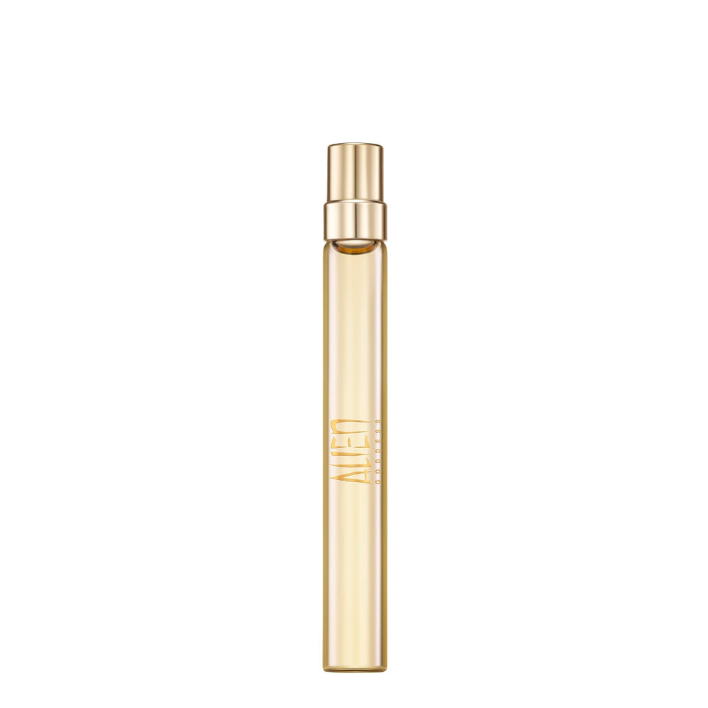 Mugler Alien Goddess bottle close-up with luxe glass and golden cap for premium presentation.