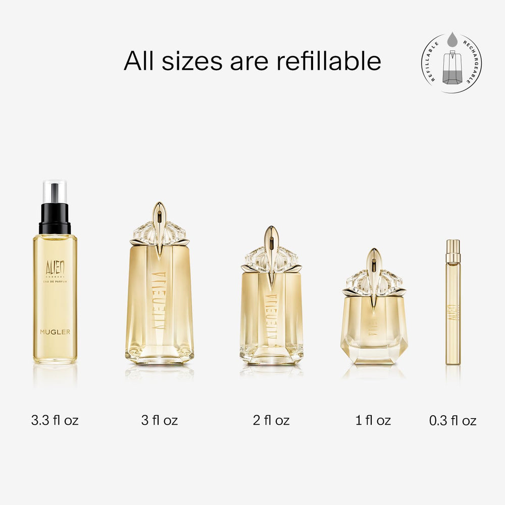 Mugler Alien Goddess refillable bottle highlights sustainable luxury design.