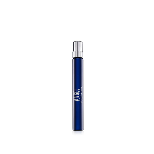 Mugler Angel Elixir bottle front view with blue glass and star cap, ideal for evening elegance.