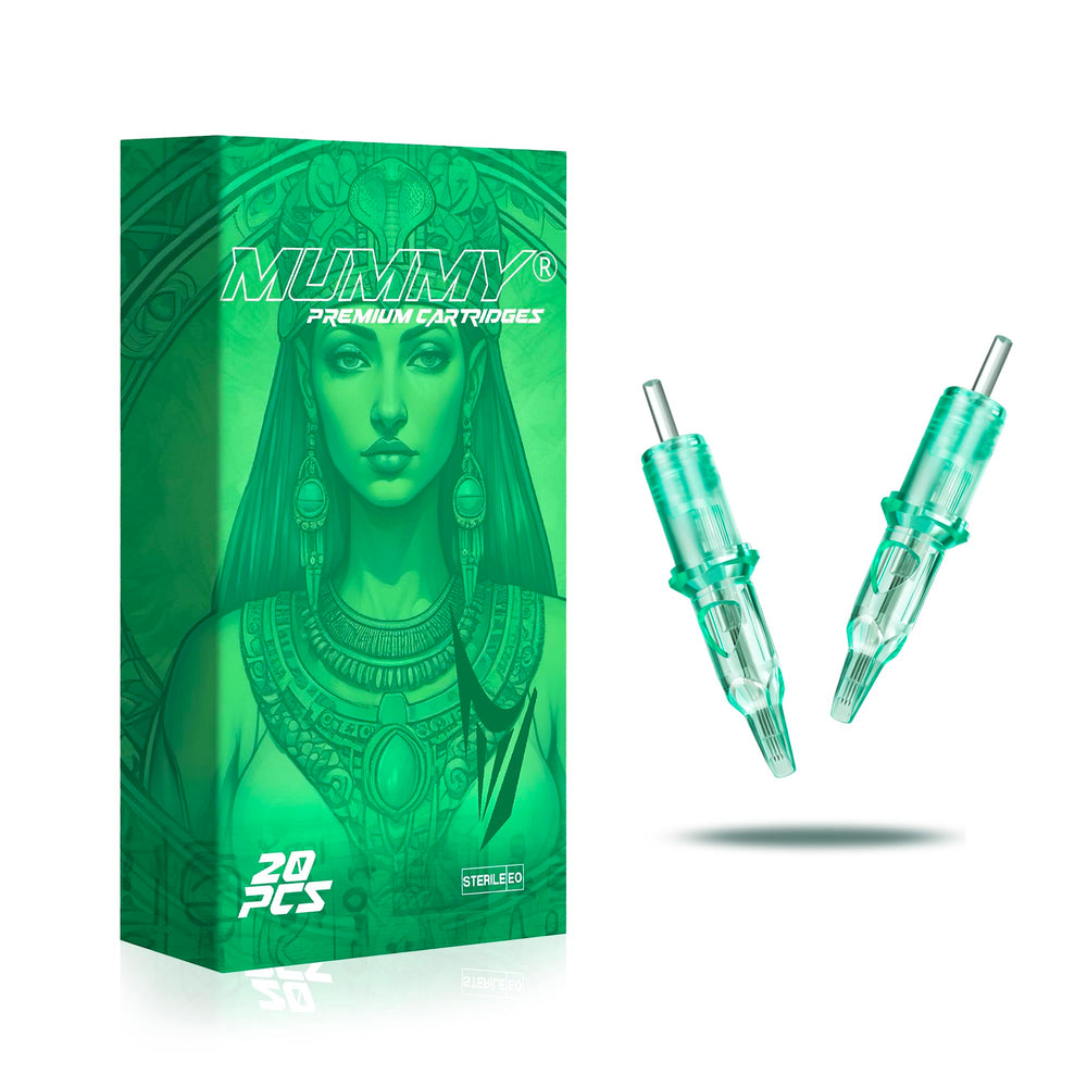 Mummy cartridge needles with 10 long-taper bugpin for precise lines.