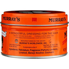 Product label detail on Murray's pomade tin showcase brand heritage.