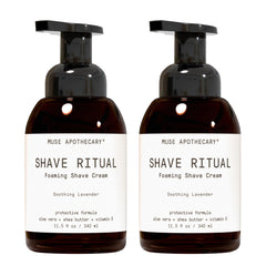 Muse Apothecary Foaming Shave Ritual bottle with creamy foam offering a soothing, smooth shave