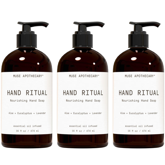 Muse Apothecary Hand Ritual bottle front showcases aromatherapy oils for a soothing cleanse.