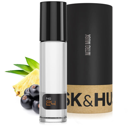 Musk & Hustle No.24 Creed Aventus-inspired bottle close-up for premium oil fragrance.