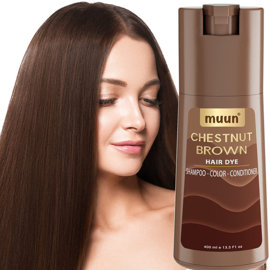 Muun Chestnut Brown Hair Dye Shampoo bottle being poured for at-home color