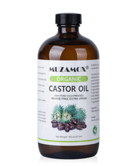 MUZAMOX castor oil in amber glass bottle for pure, hexane-free skin and hair use