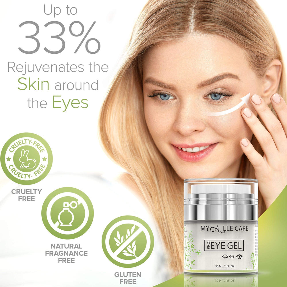 Texture of My Alle Care Eye Gel on fingertip highlighting moisturizing formula