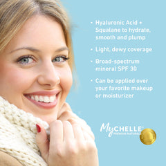 MyCHELLE Light Serum application swatch shows light coverage