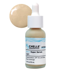 MyCHELLE Light Serum bottle demonstrates sheer tint with hydrating glow