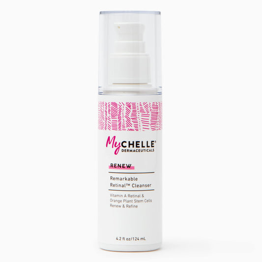 MyCHELLE Retinal Cleanser bottle highlights patent Vitamin A for renewal.