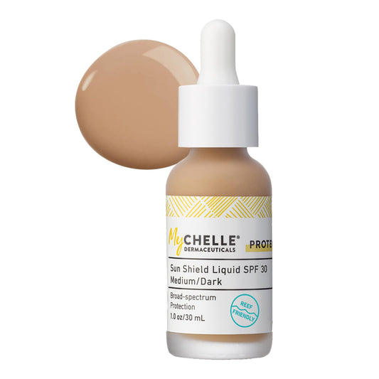 MyChelle Sun Shield Liquid SPF 30 bottle with tint for easy daily use.