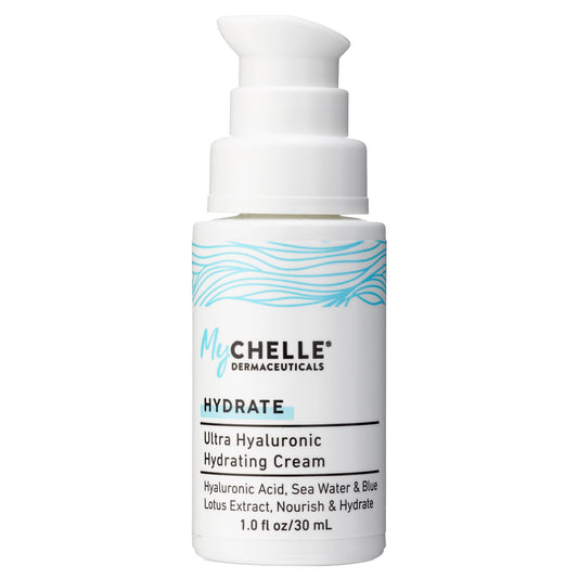 MyChelle Ultra Hyaluronic Hydrating Cream bottle front showing packaging and moisture promise