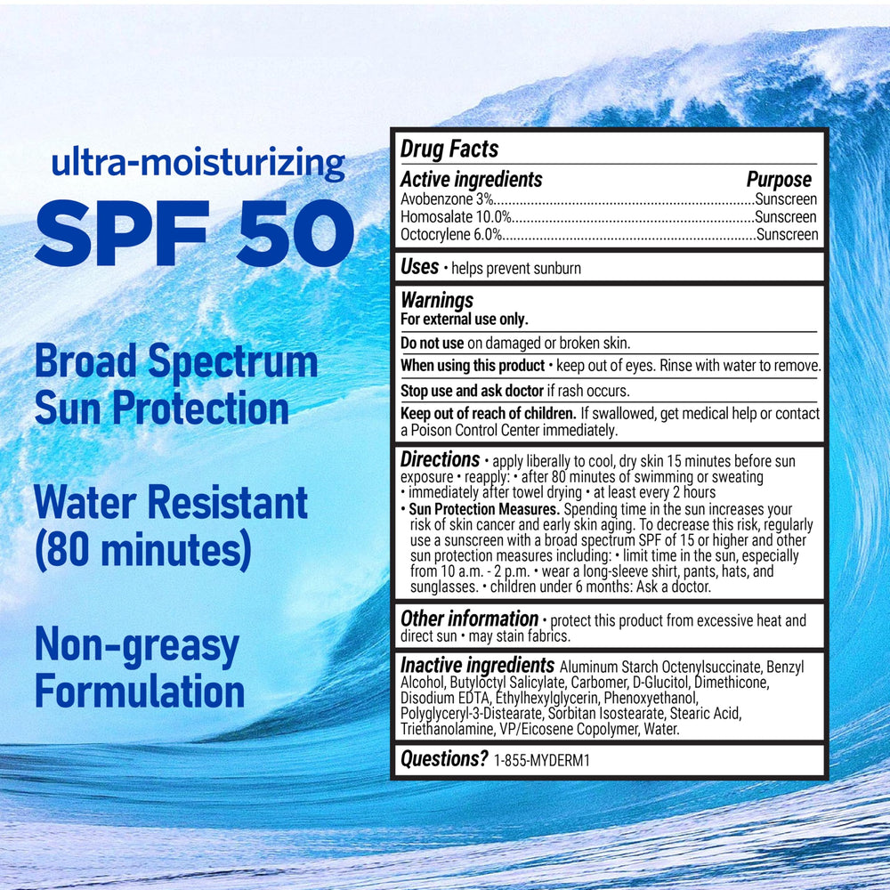 MyDerm sunscreen bottle free from oxybenzone and parabens, gentle skin.
