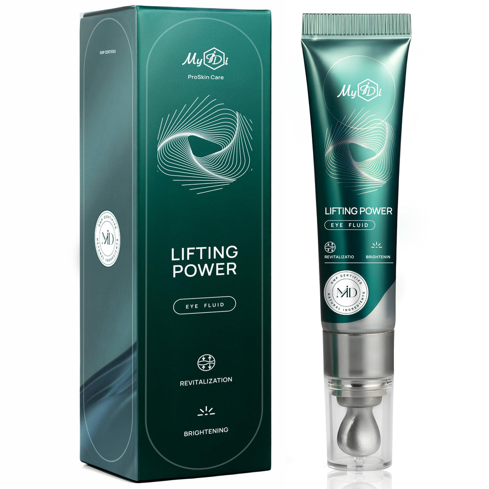 MyIDi Lifting Power Eye Fluid bottle close-up shows lightweight hydration for delicate under-eye skin