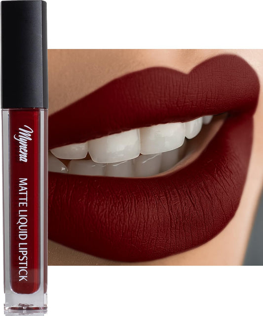 Mynena Burgundy Red Matte Lipstick bottle shows rich color and smooth finish.