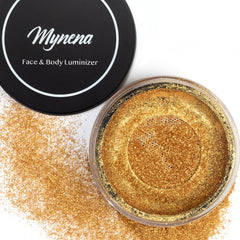 Mynena Golden Face Highlighter packaging close-up with premium vegan shimmer.