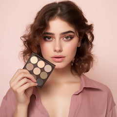 MYSTER ROSEY Neutral Eyeshadow Palette packaging close-up highlighting vegan formula.