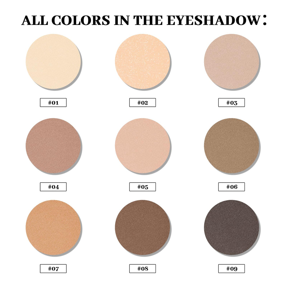 MYSTER ROSEY Neutral Eyeshadow Palette swatches show 9 matte shades for easy blending.