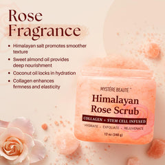 MYSTÉRE BEAUTÉ Himalayan Salt Body Scrub rose oil detail promotes even-toned glow