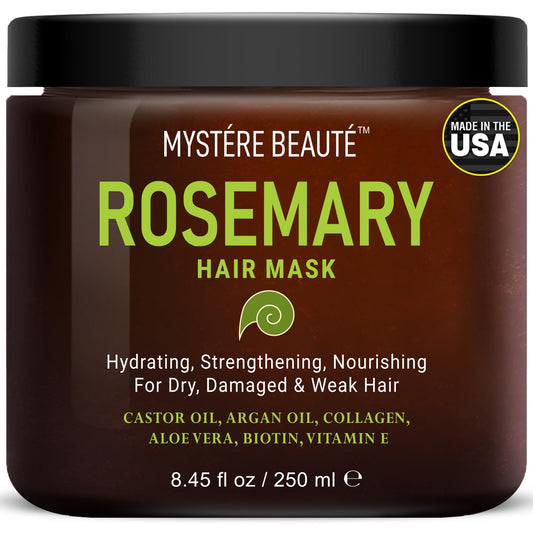 MYSTÉRE BEAUTÉ Rosemary Hair Treatment bottle shown for deep hydration and frizz control.